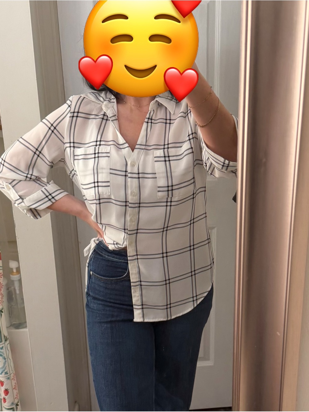 Fortune + Ivy White Black Windowpane Plaid Button Down Top L